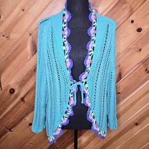 VTG Relativity Cardigan Sweater Teal Tie Front Cotton Boho Cottagecore 2X